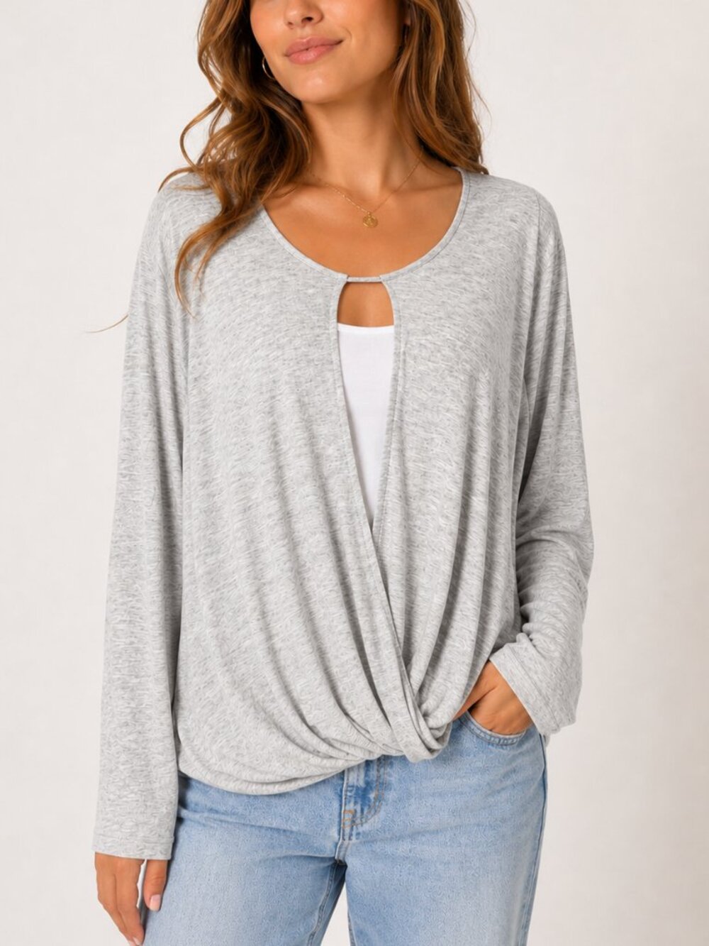 LUSH Heathered Grey Knit Twist Front Long Sleeve Top size medium
